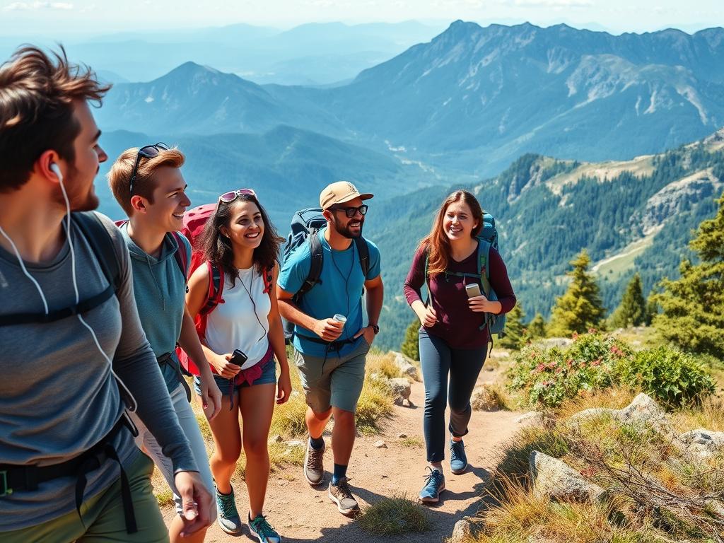 Grupo de amigos em trilha na montanha ouvindo música compartilhada