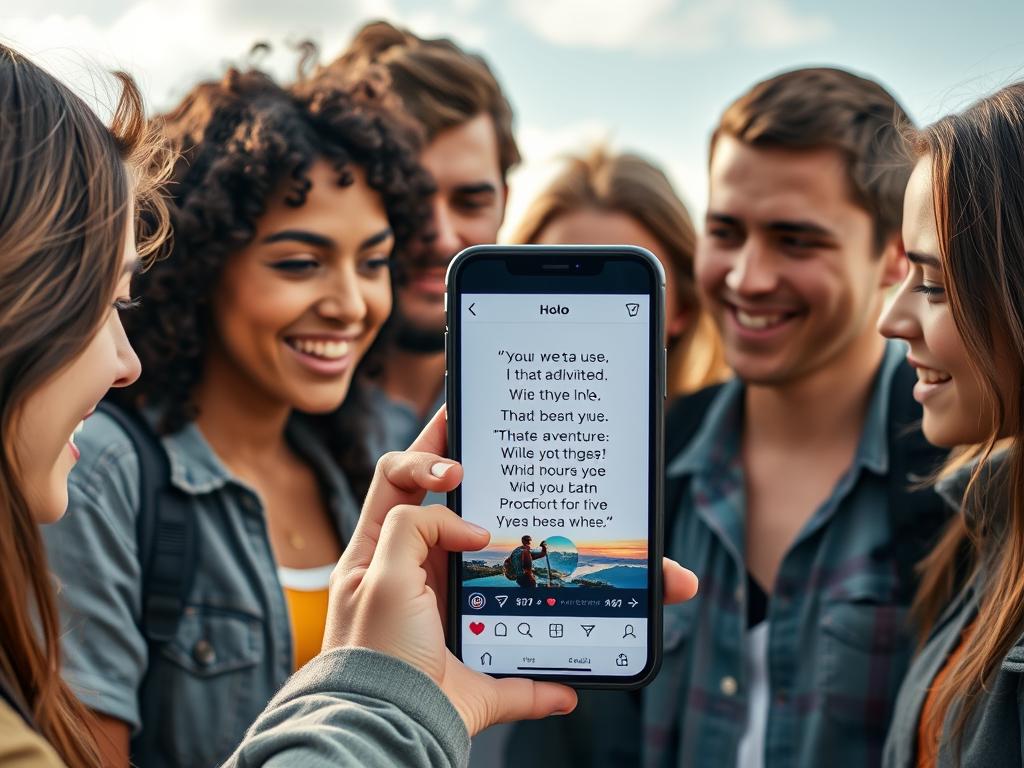 Grupo de amigos interagindo com um post no Instagram que contém frases de aventura, demonstrando alto engajamento