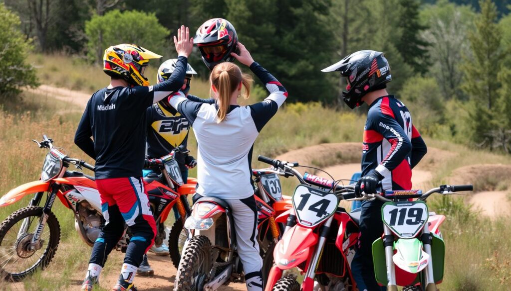 Grupo de amigos pilotos de motocross celebrando após uma trilha com frases de motocross para status