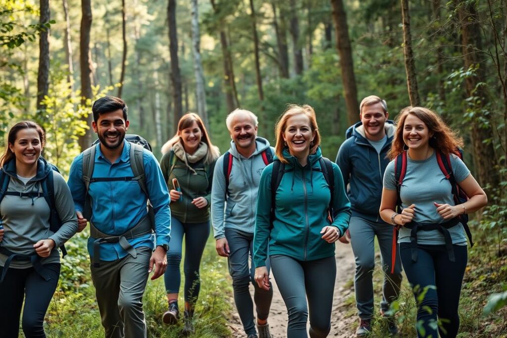 Grupo de pessoas fazendo trilha juntas, mostrando interação social e alegria durante a atividade