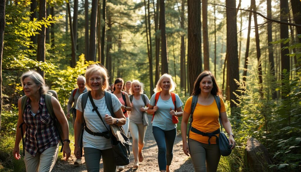 Grupo de pessoas realizando caminhada na natureza em trilha arborizada