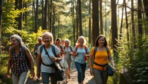 Grupo de pessoas realizando caminhada na natureza em trilha arborizada