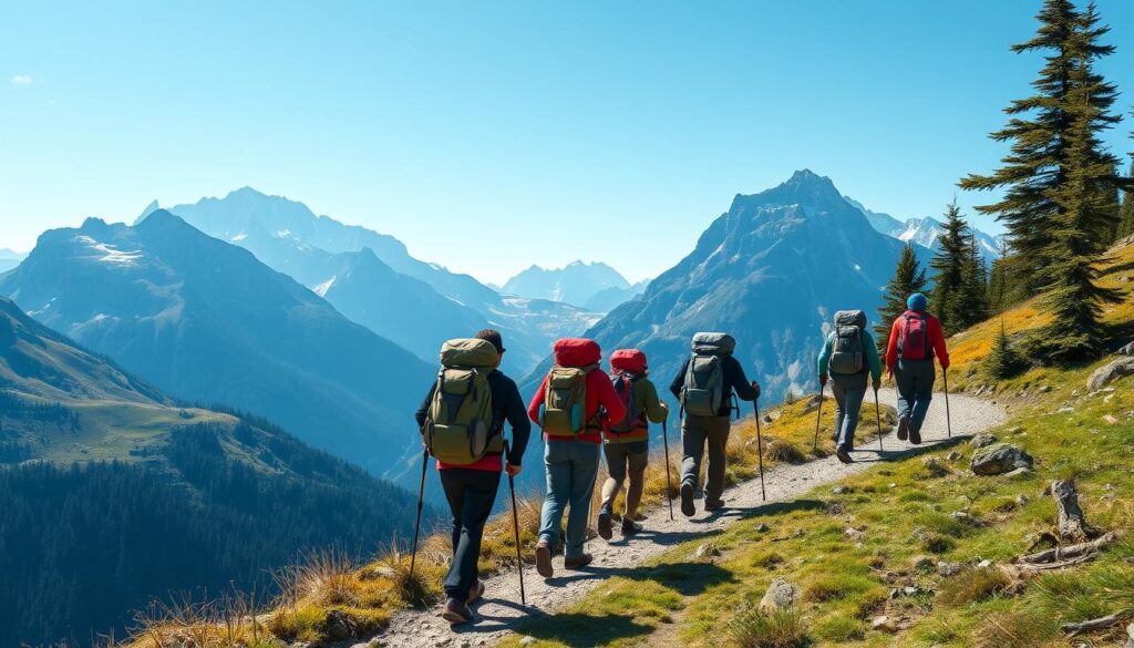 Grupo de trekkers caminhando em trilha com mochilas e equipamentos