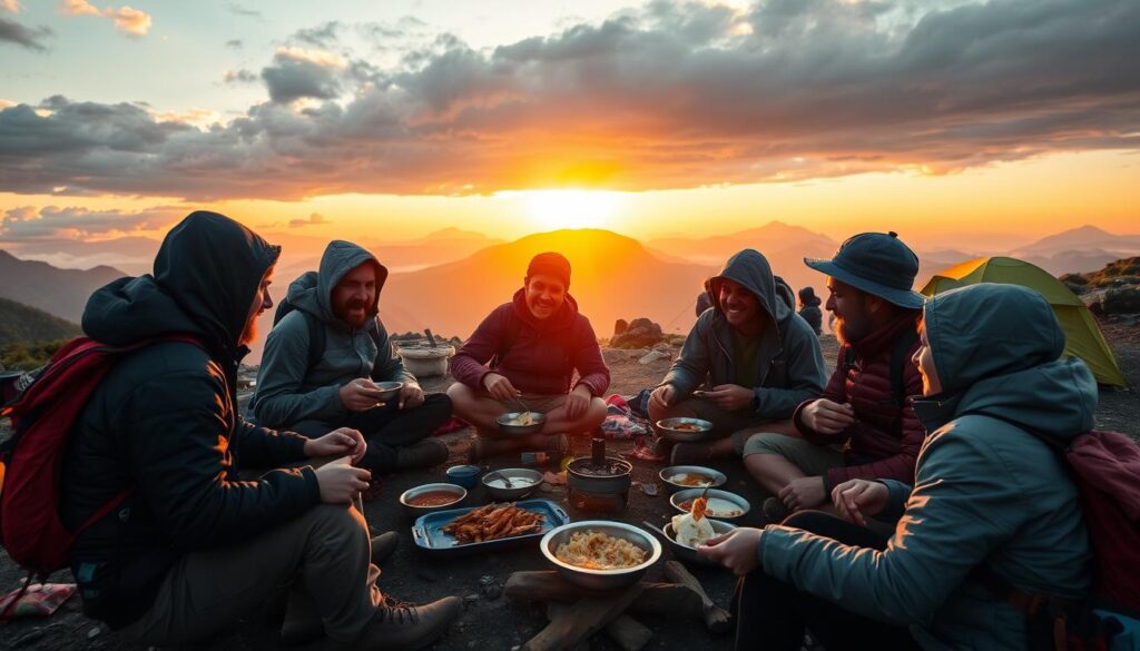 Grupo de trilheiros compartilhando refeição em acampamento ao pôr do sol