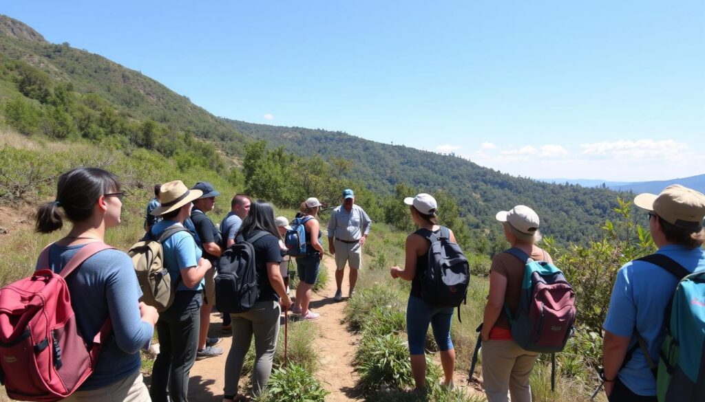 Grupo realizando caminhada na natureza em área de conservação