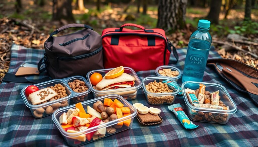 Kit lanche para trilha organizado com diferentes opções de alimentos em recipientes práticos