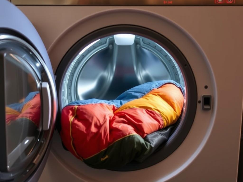 Máquina de lavar frontal com saco de dormir sendo colocado para lavagem
