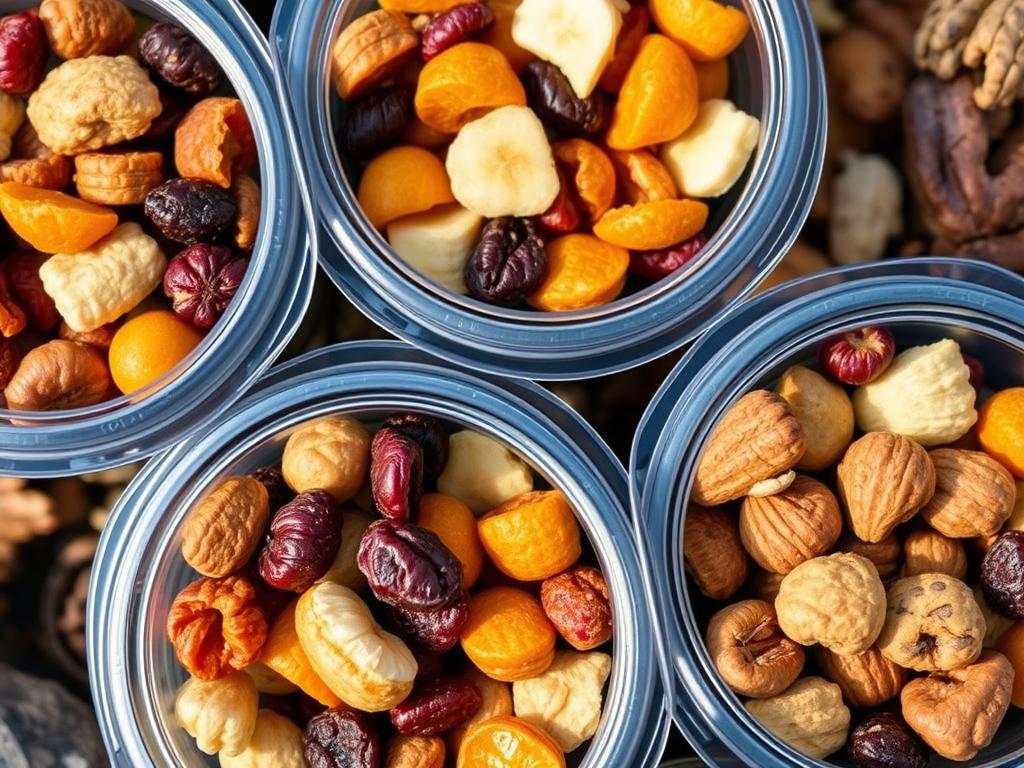 Mix de frutas secas e oleaginosas em recipientes portáteis para trilha