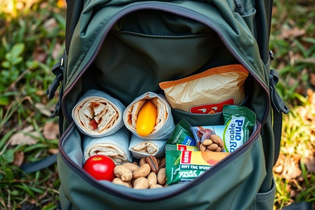 Mochila aberta mostrando compartimento organizado com lanches para trilha