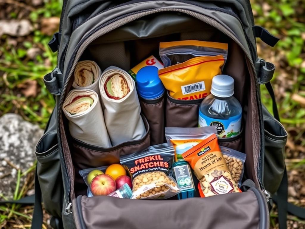 Mochila de trilha aberta mostrando compartimentos organizados com diferentes tipos de lanches para cachoeira