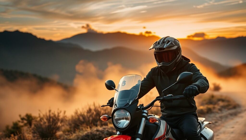Motociclista em trilha off-road com música de aventura tocando