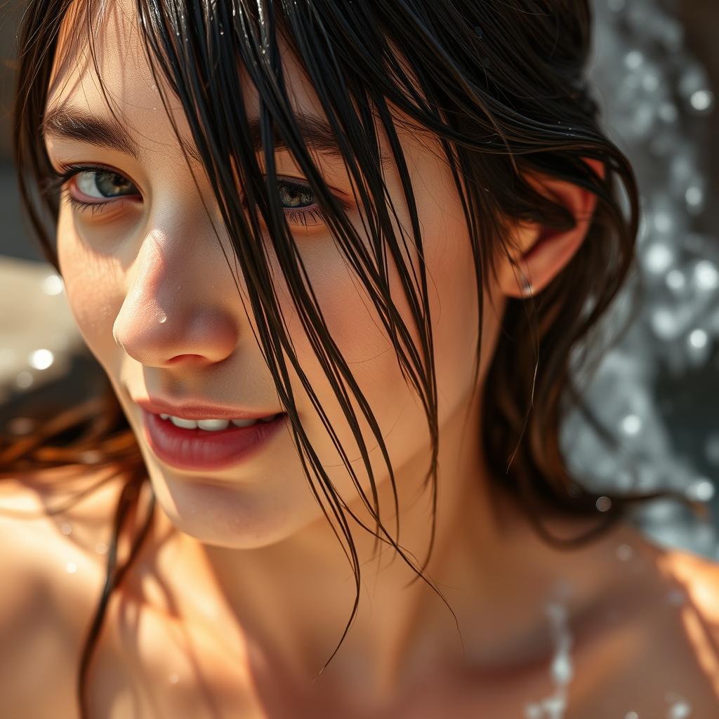 Mulher com cabelos molhados após banho de cachoeira mostrando cabelos brilhantes e pele radiante