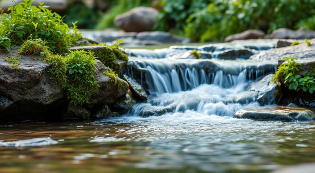 Pequena cachoeira em meio a pedras e vegetação