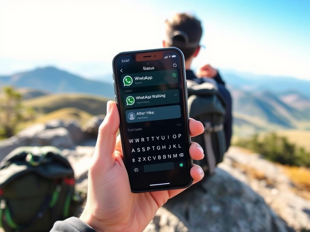 Pessoa atualizando status do WhatsApp com frase de caminhada ao ar livre