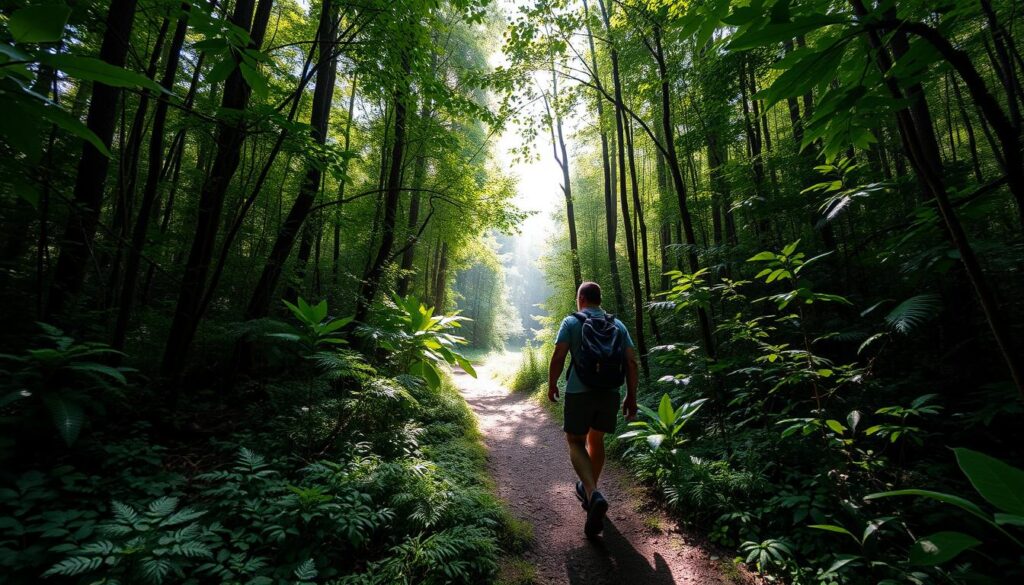 Pessoa caminhando em trilha cercada por vegetação exuberante