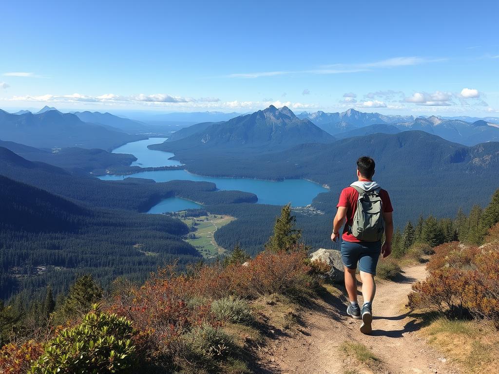 Pessoa caminhando em trilha com vista panorâmica da natureza