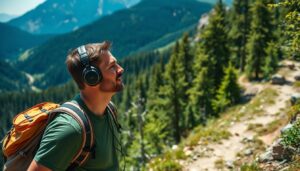 Pessoa caminhando em trilha na natureza com fones de ouvido ouvindo música para trilha