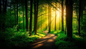 Pessoa caminhando em uma trilha na natureza com luz do sol atravessando as árvores