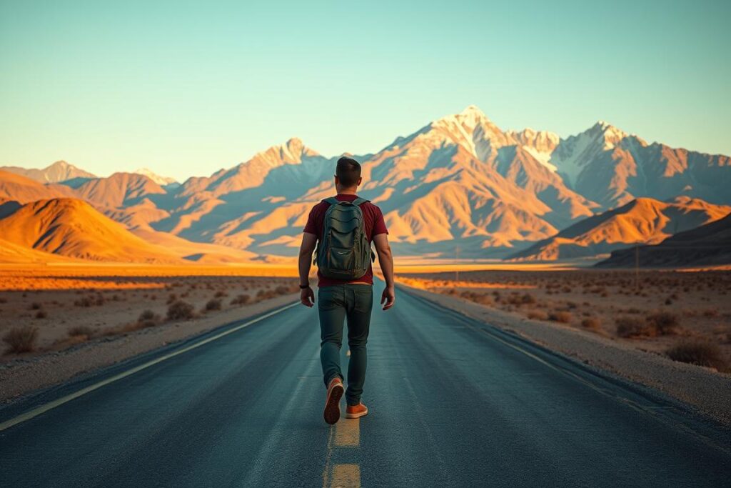 Pessoa com mochila caminhando em uma estrada deserta com montanhas ao fundo, simbolizando a jornada de viagem e aventura