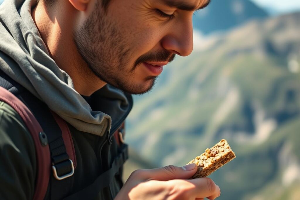 Pessoa comendo um lanche energético durante pausa na trilha