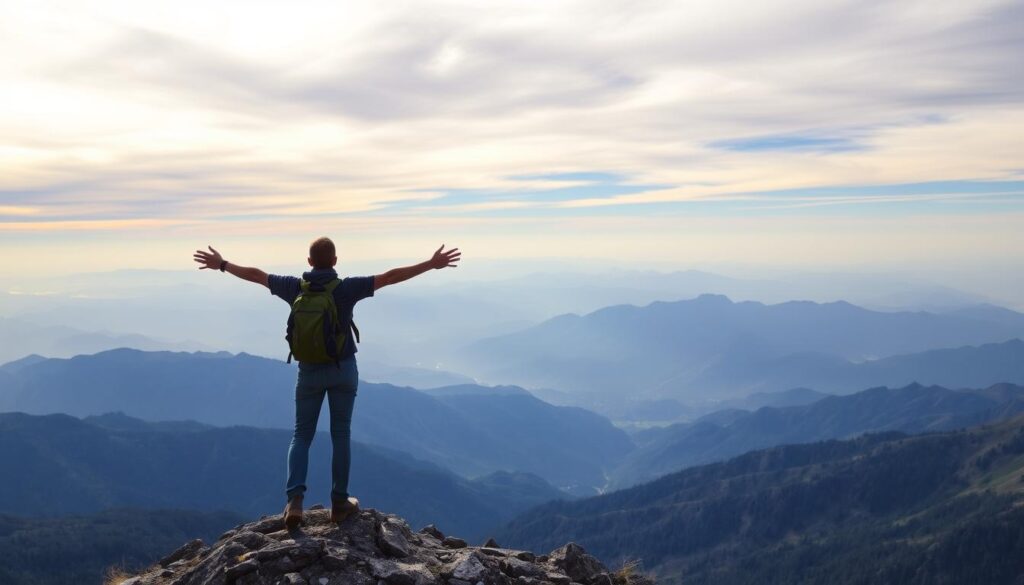 Pessoa contemplando o horizonte após caminhada em montanha