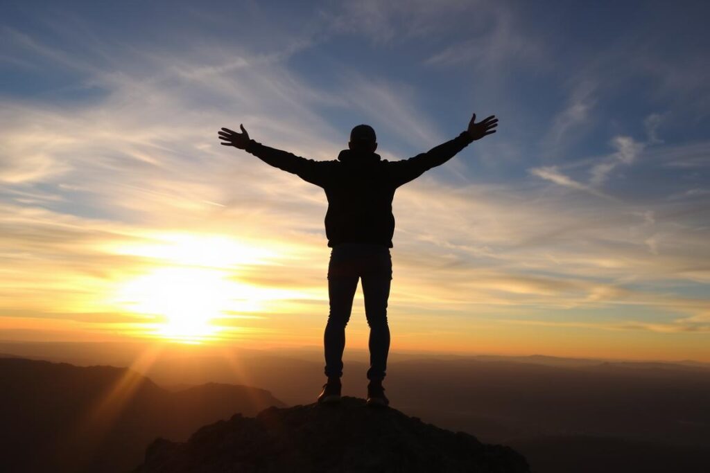 Pessoa contemplando o pôr do sol após caminhada em montanha