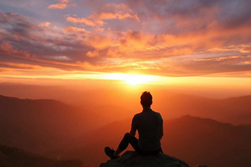Pessoa contemplando o pôr do sol após completar uma trilha desafiadora
