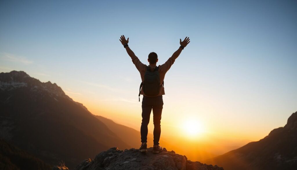 Pessoa contemplando o pôr do sol após completar uma trilha, representando sensação de realização