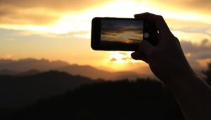 Pessoa contemplando o pôr do sol em meio à natureza com smartphone na mão