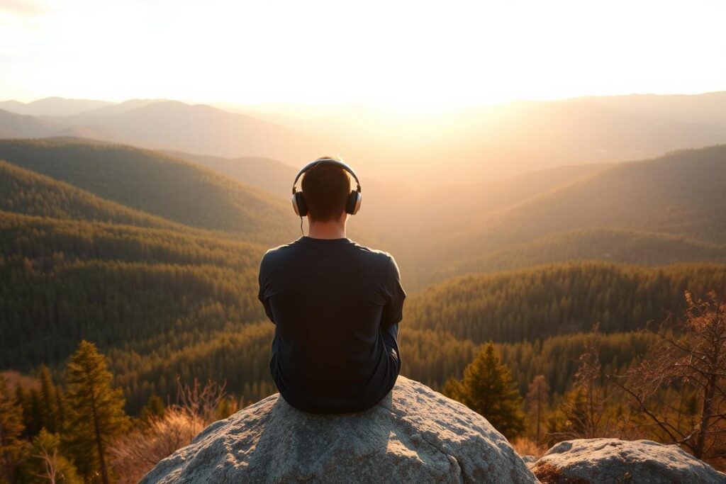 Pessoa contemplando paisagem natural enquanto ouve música para trilha