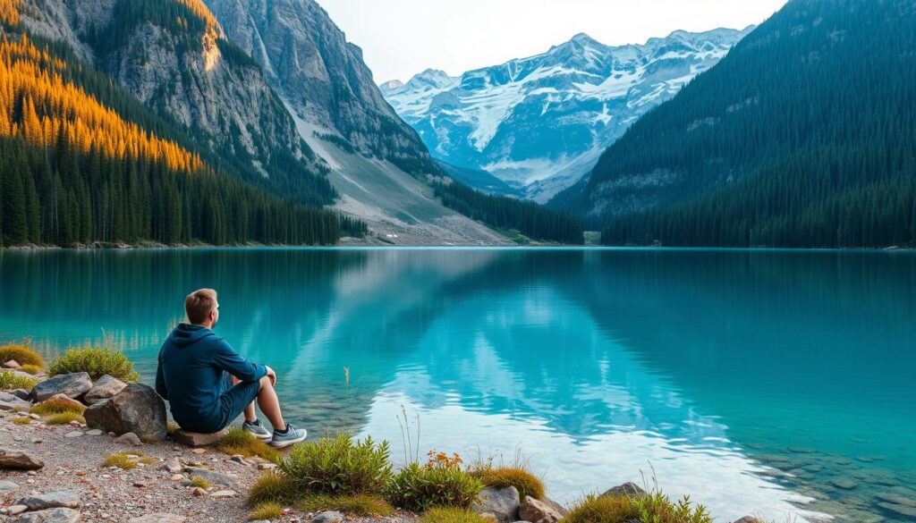 Pessoa contemplando um lago cristalino cercado por montanhas, representando a conexão entre aventura e natureza