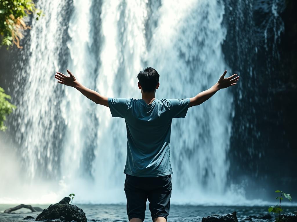Pessoa de braços abertos sob uma cachoeira, simbolizando a conexão espiritual e a entrega