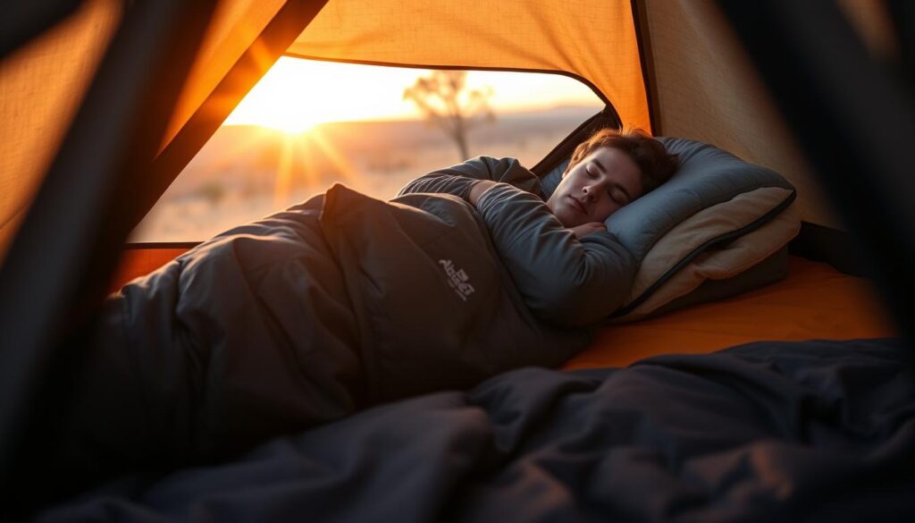 Pessoa descansando confortavelmente em um sistema completo de descanso para camping