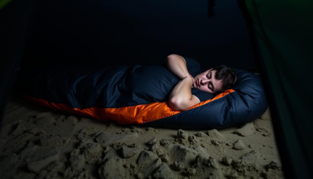 Pessoa desconfortável tentando dormir em saco de dormir diretamente no chão