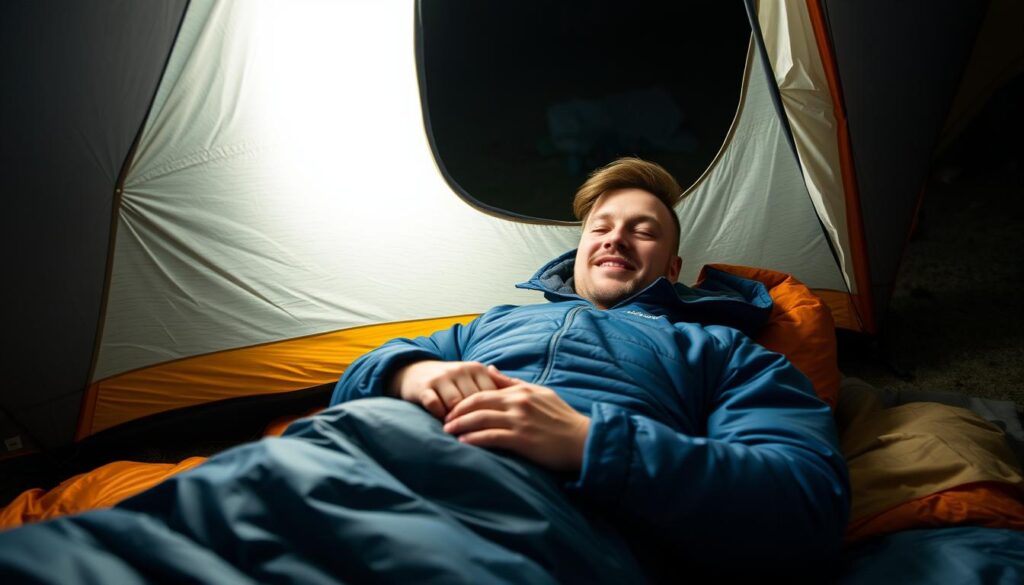 Pessoa desfrutando de um saco de dormir limpo e bem cuidado durante acampamento