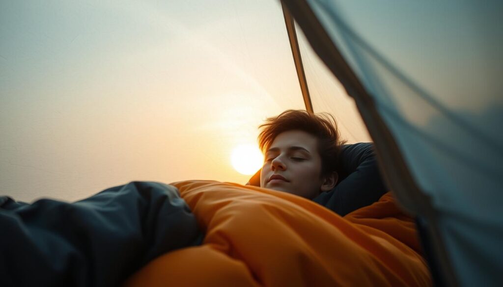 Pessoa dormindo confortavelmente em um saco de dormir dentro de uma barraca ao amanhecer
