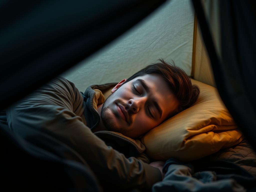 Pessoa dormindo tranquilamente após dia de trilha, ilustrando benefícios para o sono