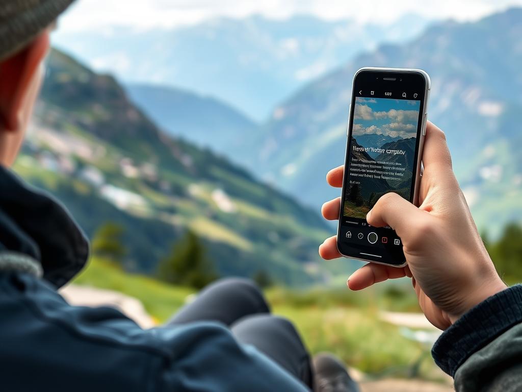 Pessoa editando foto de montanha com legenda em smartphone