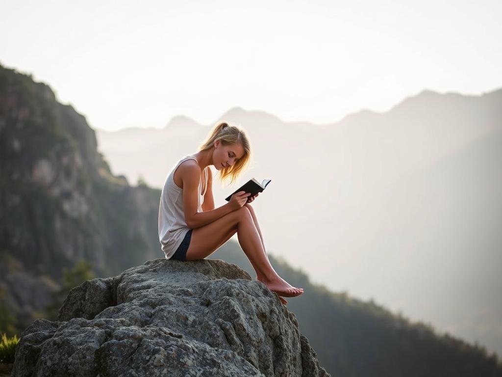 Pessoa escrevendo em um diário com montanhas ao fundo