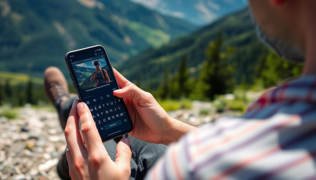 Pessoa escrevendo legenda para foto de caminhada em smartphone