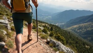 Pessoa fazendo trilha em montanha com vista panorâmica, demonstrando os benefícios físicos da atividade