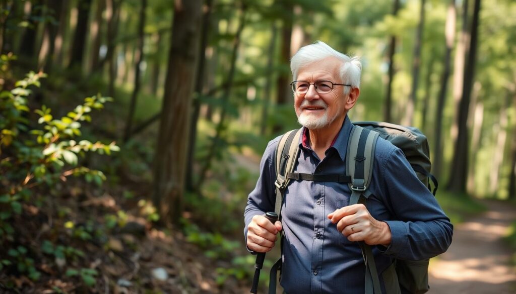 Pessoa idosa fazendo trilha, demonstrando os benefícios para saúde em todas as idades