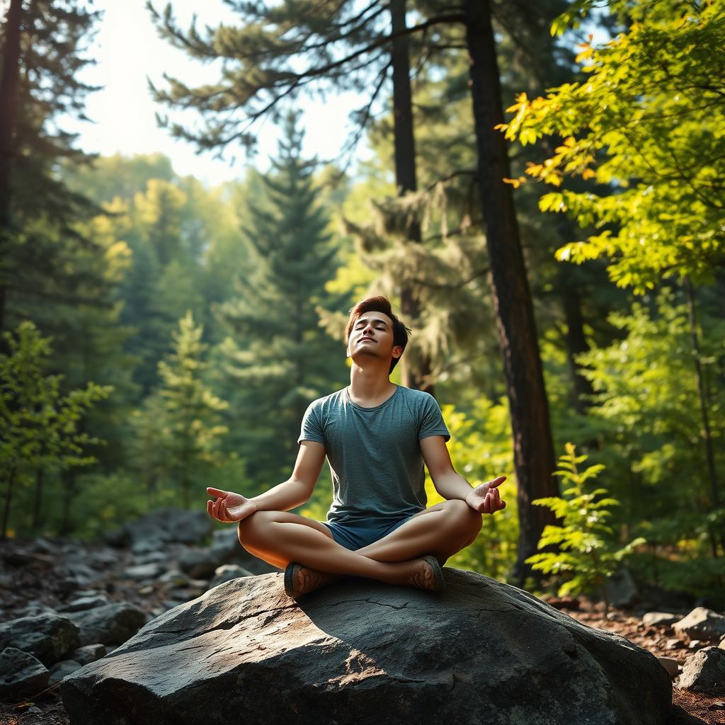 Pessoa meditando durante pausa em caminhada na natureza