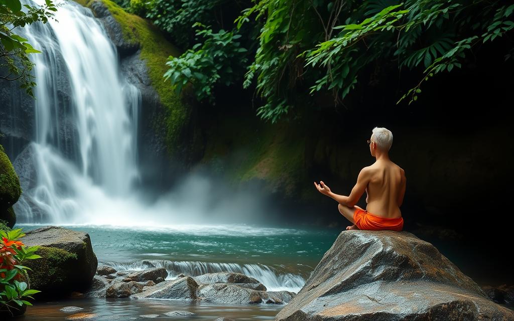 Pessoa meditando próxima a uma cachoeira tranquila