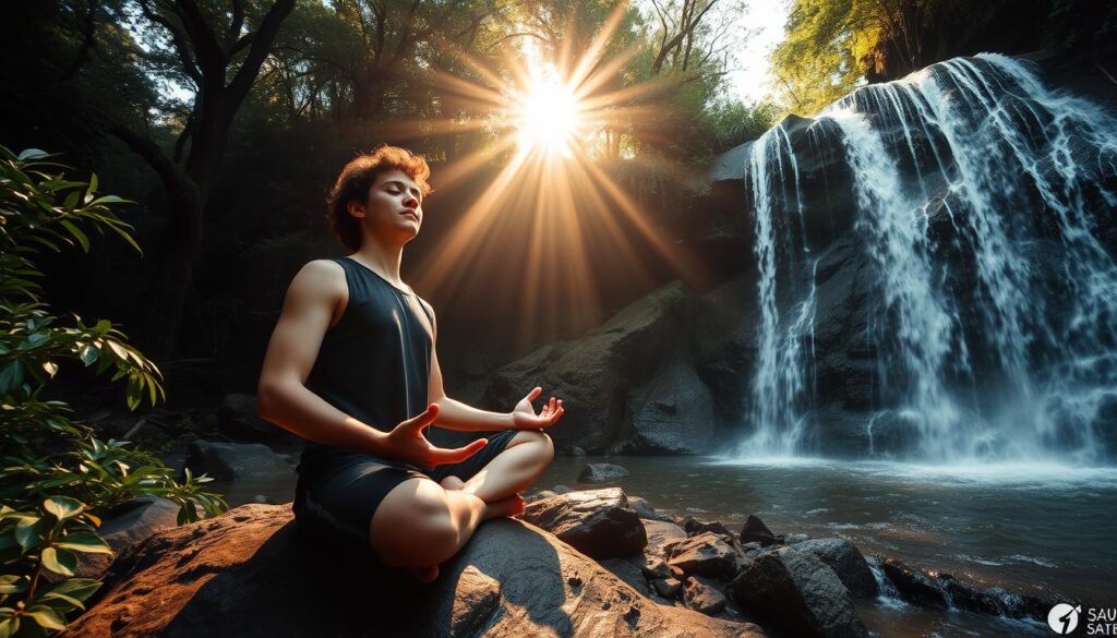 Pessoa meditando próximo a uma cachoeira, demonstrando tranquilidade e paz mental