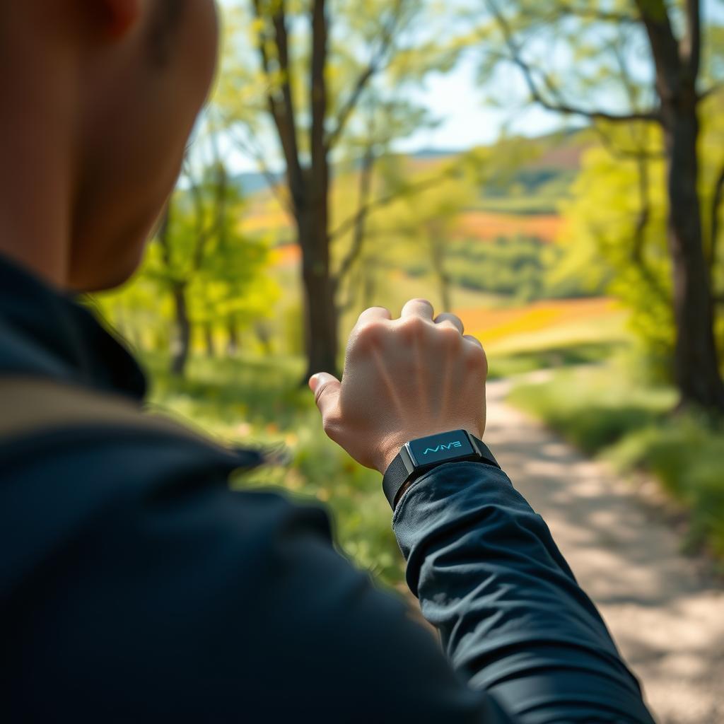 Pessoa monitorando batimentos cardíacos durante caminhada