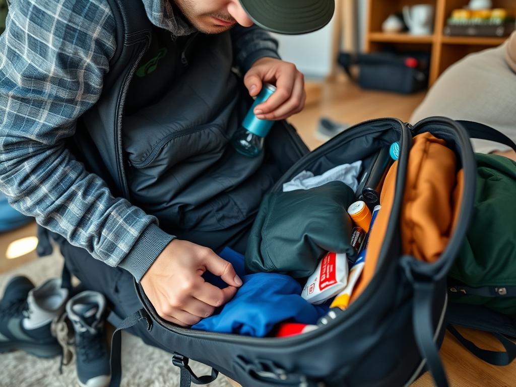 Pessoa organizando equipamentos para trilha a pé em uma mochila