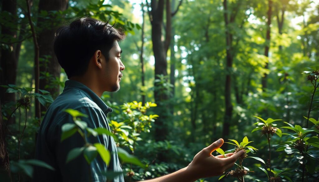 Pessoa praticando banho de floresta durante caminhada na natureza