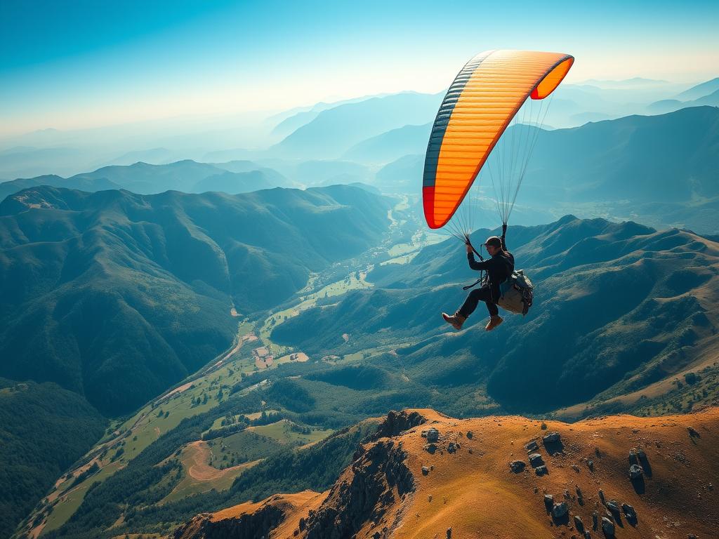 Pessoa praticando parapente sobre uma paisagem montanhosa, simbolizando a aventura radical