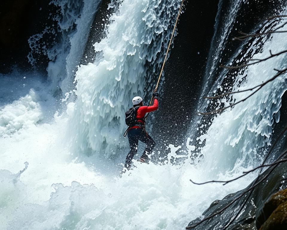 Pessoa praticando rapel em uma cachoeira, representando a adrenalina das aventuras radicais